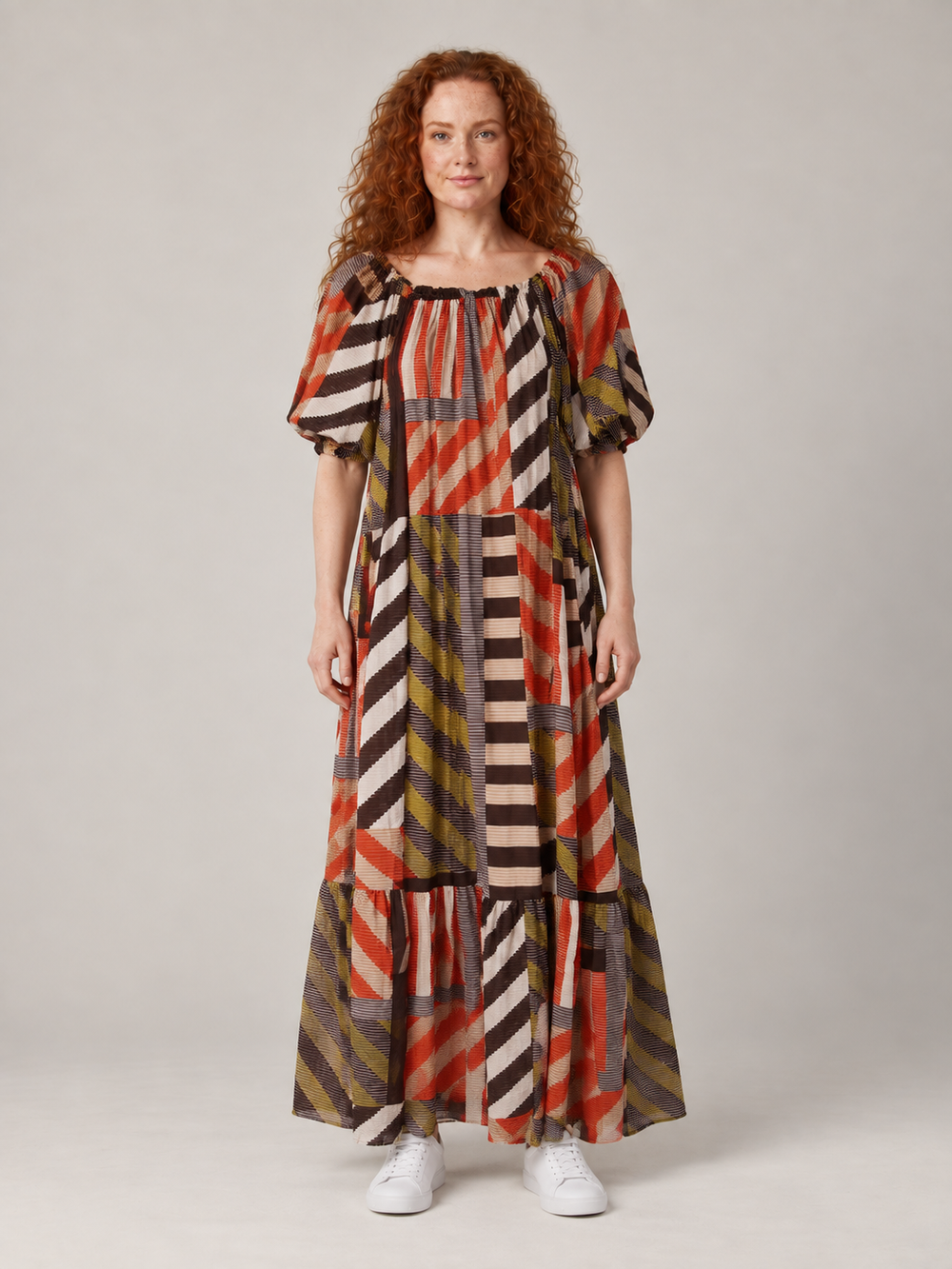 Gestreepte Maxi Jurk met Geometrische Print en Pofmouwen
