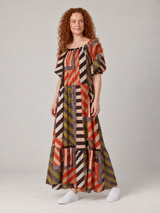 Gestreepte Maxi Jurk met Geometrische Print en Pofmouwen