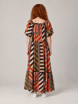 Gestreepte Maxi Jurk met Geometrische Print en Pofmouwen