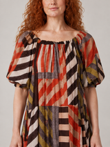 Gestreepte Maxi Jurk met Geometrische Print en Pofmouwen