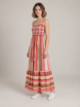 Roze Gestreepte Maxi Jurk met Gehaakte Top en Tasseldetails