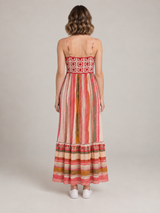 Roze Gestreepte Maxi Jurk met Gehaakte Top en Tasseldetails