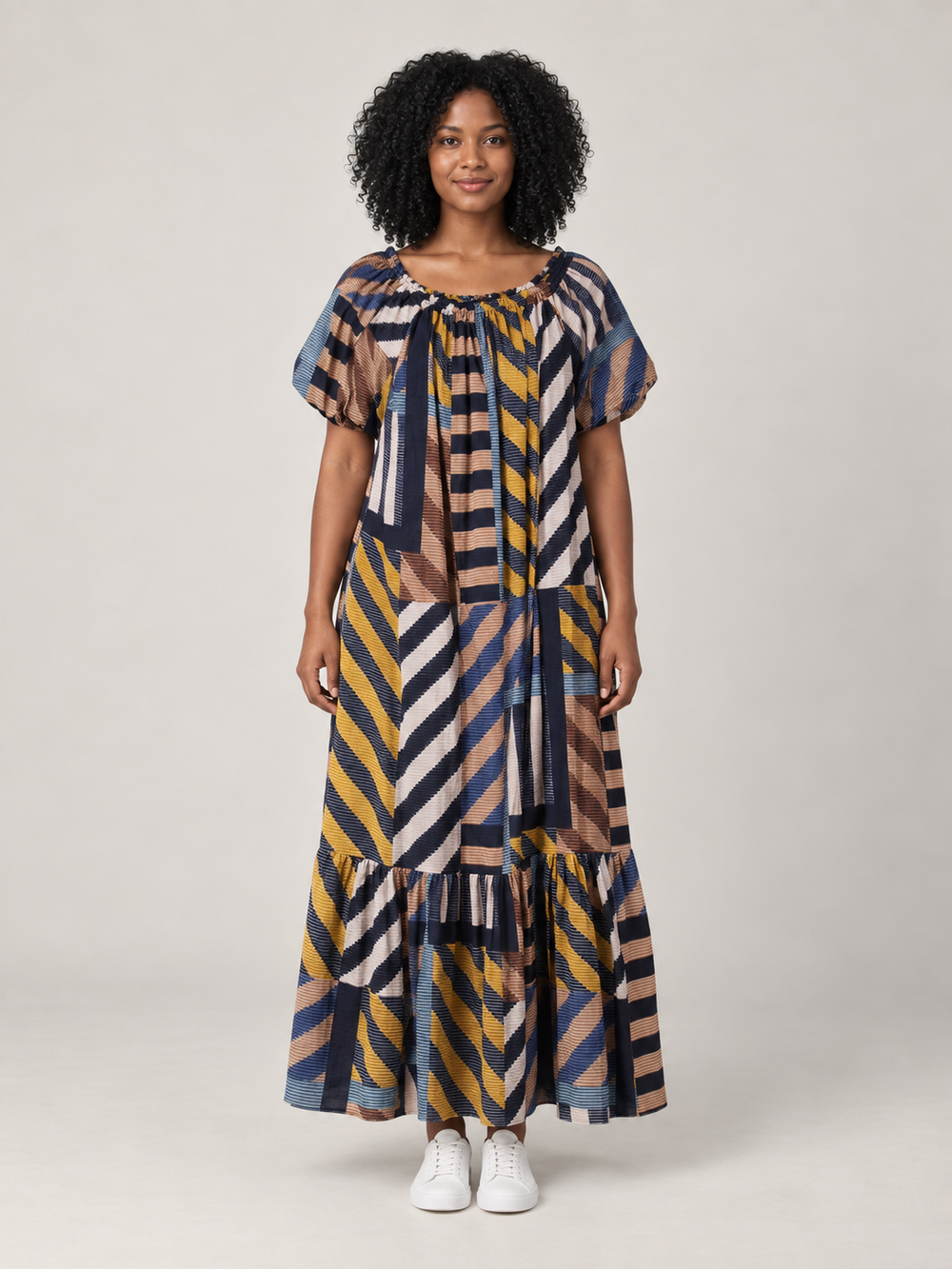 Blauw-Mosterd Gestreepte Maxi Jurk met Pofmouwen – Geometrische Boho Jurk
