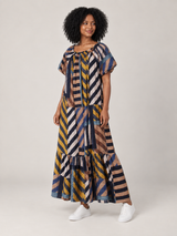 Blauw-Mosterd Gestreepte Maxi Jurk met Pofmouwen – Geometrische Boho Jurk