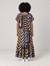 Blauw-Mosterd Gestreepte Maxi Jurk met Pofmouwen – Geometrische Boho Jurk