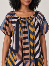 Blauw-Mosterd Gestreepte Maxi Jurk met Pofmouwen – Geometrische Boho Jurk