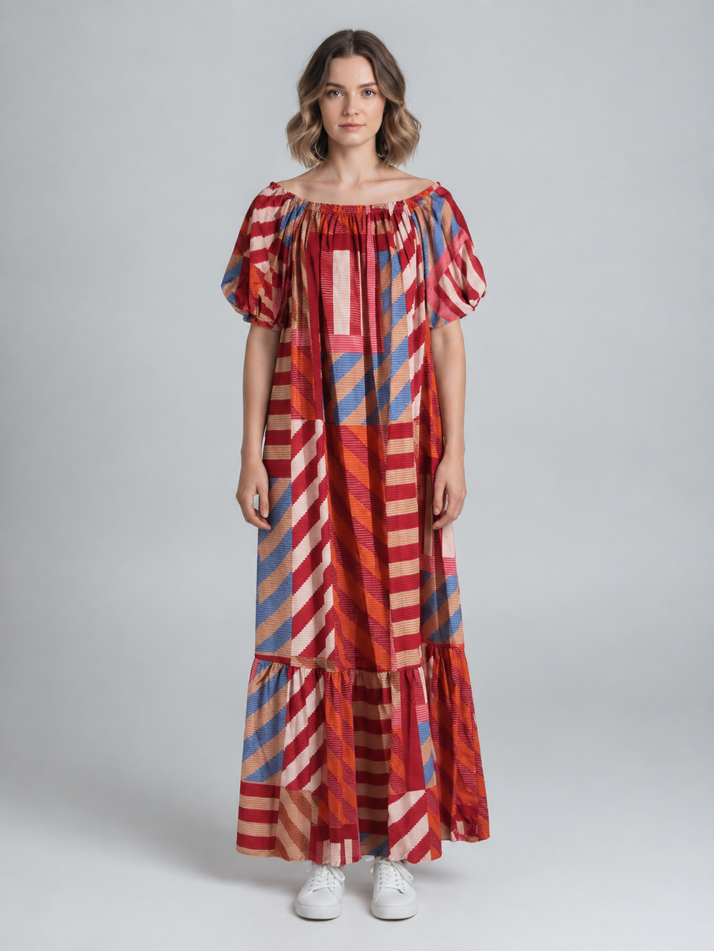Rood-Blauwe Gestreepte Maxi Jurk met Pofmouwen – Geometrische Boho Jurk