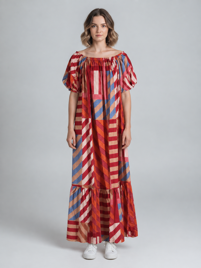 Rood-Blauwe Gestreepte Maxi Jurk met Pofmouwen – Geometrische Boho Jurk