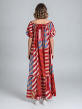 Rood-Blauwe Gestreepte Maxi Jurk met Pofmouwen – Geometrische Boho Jurk