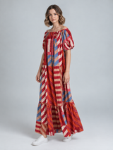 Rood-Blauwe Gestreepte Maxi Jurk met Pofmouwen – Geometrische Boho Jurk