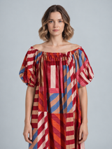 Rood-Blauwe Gestreepte Maxi Jurk met Pofmouwen – Geometrische Boho Jurk